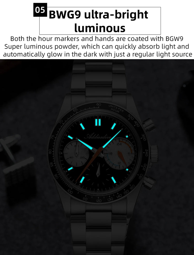 ADDIESDIVE 37mm Watch For Men Chronograph 10Bar Diver BGW9 Luminous Bubble Mirror Glass AD2539 Aluminum Ring VK63 Quartz Watches