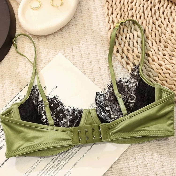 MOYISU No‑Wire French Lace Half‑Cup Bra Set Women Ultra‑Thin Transparent Green Lingerie, Daily Brassiere 32‑38 AB for Small Bust