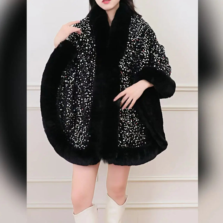 ZADORIN Fashion Sequins Long Furry Warm Faux Fur Coat Woman Autumn Winter Fur Cape Ponch Wedding Party Fur Shawl Cloak Cardigans