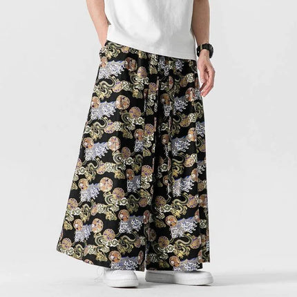 Pantaloni da samurai giapponesi da uomo con stampa drago pantaloni casual larghi da uomo stile kimono pantaloni larghi moda vintage streetwear