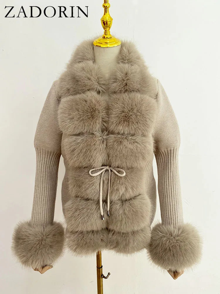 ZADORIN 2026 Chic Fur Cardigan Knitted Sweater Luxury Detachable Faux Fur White Pink Black Sweaters Cardigans Woman Tops Clothes