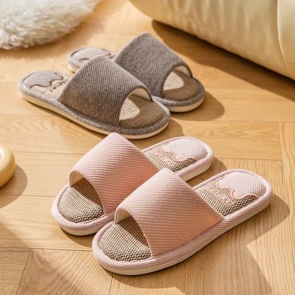 Pantofole in lino per la casa per coppie quattro stagioni Pantofole antiscivolo da pavimento per donna Uomo Camera da letto interna Infradito a punta aperta in lino quattro stagioni