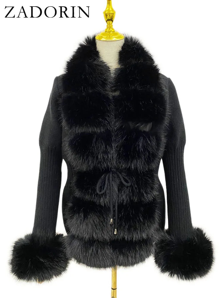 ZADORIN 2026 Chic Fur Cardigan Knitted Sweater Luxury Detachable Faux Fur White Pink Black Sweaters Cardigans Woman Tops Clothes