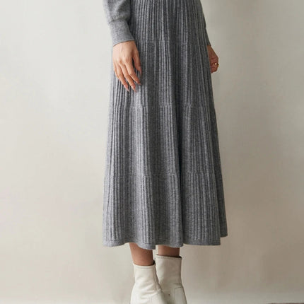 Autumn Winter Women Tiered Skirt Cashmere A-line Pleated Skirt Elastic Waist 100% Cashmere Knitted High Quality Soft Solid Dress PlatiNum