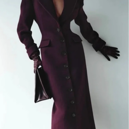 Women's Long Coat Slim V Neck Single Breasted Overcoats Shoulder Pad Maxi Jackets with Belt 2025 New Winter Lady Commute Outwear