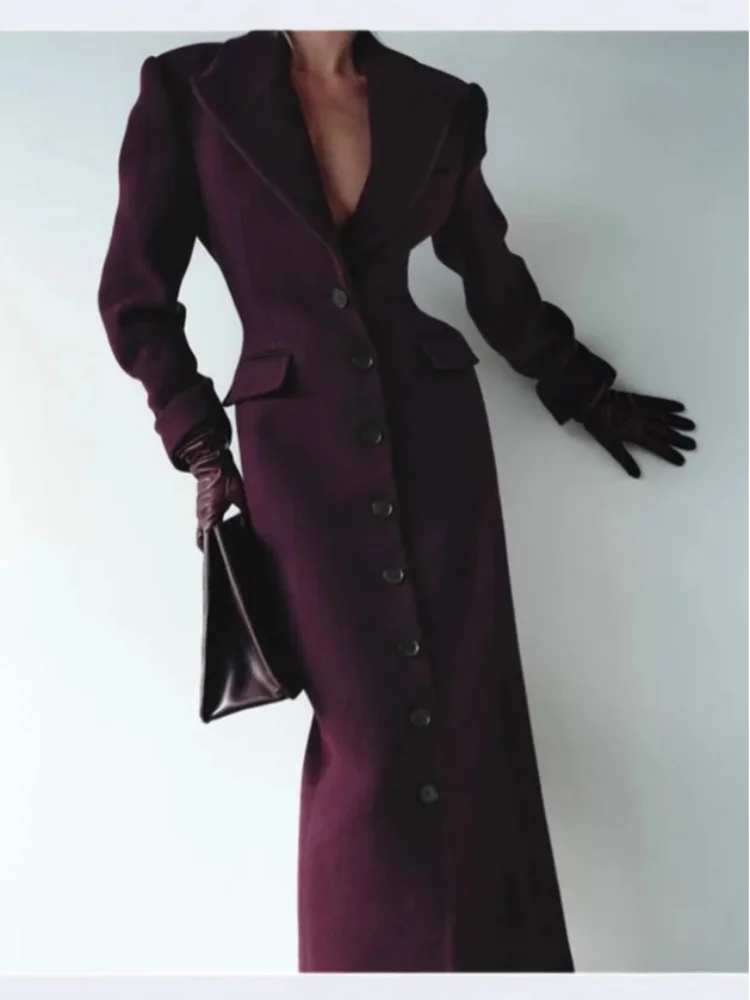 Women's Long Coat Slim V Neck Single Breasted Overcoats Shoulder Pad Maxi Jackets with Belt 2025 New Winter Lady Commute Outwear