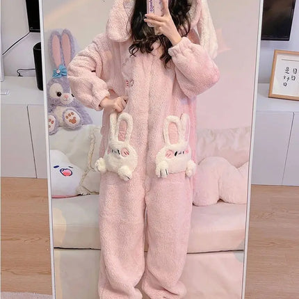 Coral Velvet Onesies Women Cute Rabbit Kigurumi Unicorn Preppy Cartoon Hooded Kawaii Thicker Winter Warm Cotton Pajamas Homewear