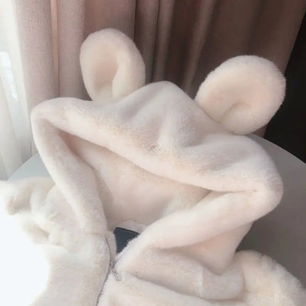 Cosy Loose Faux Fur Coat Womens Faux Fur Fuzzy Hooded Fluffy Ears Surcoat Overcoat Woman Winter Warm Outerwear Snowy Day Wrap