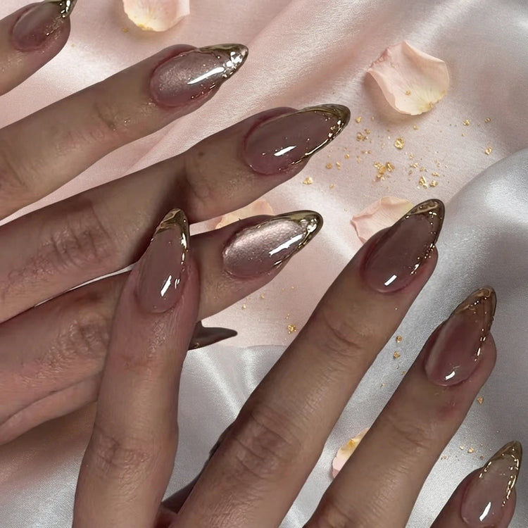 24Pcs Medium Almond Nude‑Pink 3D Textured Metallic Cat‑Eye French Sheer Press‑On False Nails For Nail Art Decor
