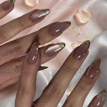 24Pcs Medium Almond Nude‑Pink 3D Textured Metallic Cat‑Eye French Sheer Press‑On False Nails For Nail Art Decor