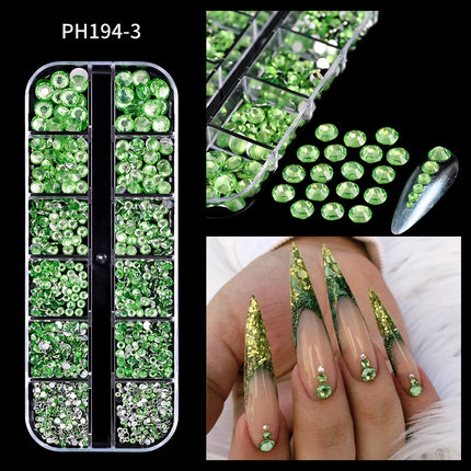 12 Grids Mixed Size Nail Rhinestones SS6 to SS30 Shiny Clear Gold Pink Blue Flat Back Glass Gems for DIY Nail Art Manicure Decoration Supply