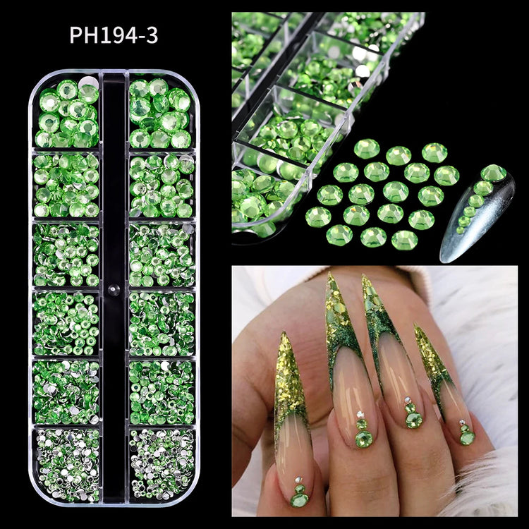 12 Grids Mixed Size Nail Rhinestones SS6 to SS30 Shiny Clear Gold Pink Blue Flat Back Glass Gems for DIY Nail Art Manicure Decoration Supply