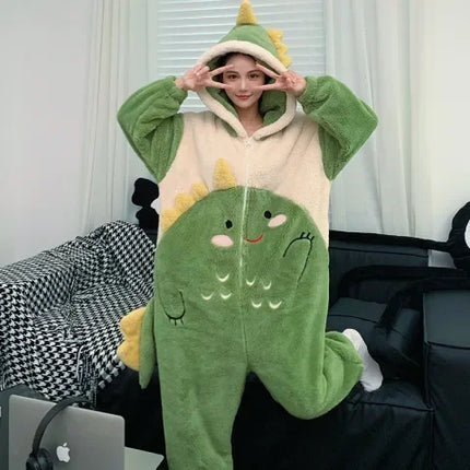 Couples Kigurumis Dinosaur Pajamas Jumpsuits Sleepwear Women Men Winter Thicken Hooded Cartoon Pyjamas Coral Fleece Loose Soft