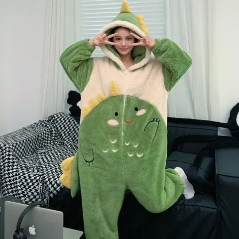 Couples Kigurumis Dinosaur Pajamas Jumpsuits Sleepwear Women Men Winter Thicken Hooded Cartoon Pyjamas Coral Fleece Loose Soft