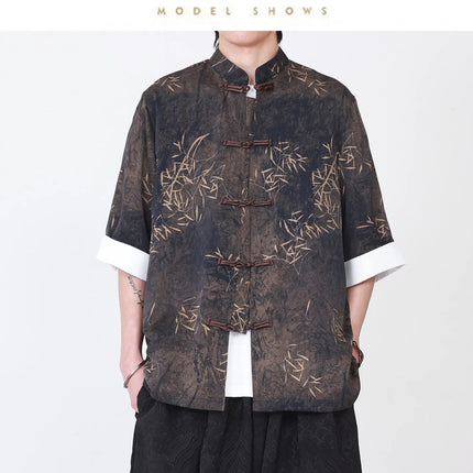 Camicie da uomo estive di lusso in jacquard con foglie di bambù, camicia a maniche corte da uomo in stile cinese tradizionale, camicia casual da uomo per Kung Fu e Tai Chi