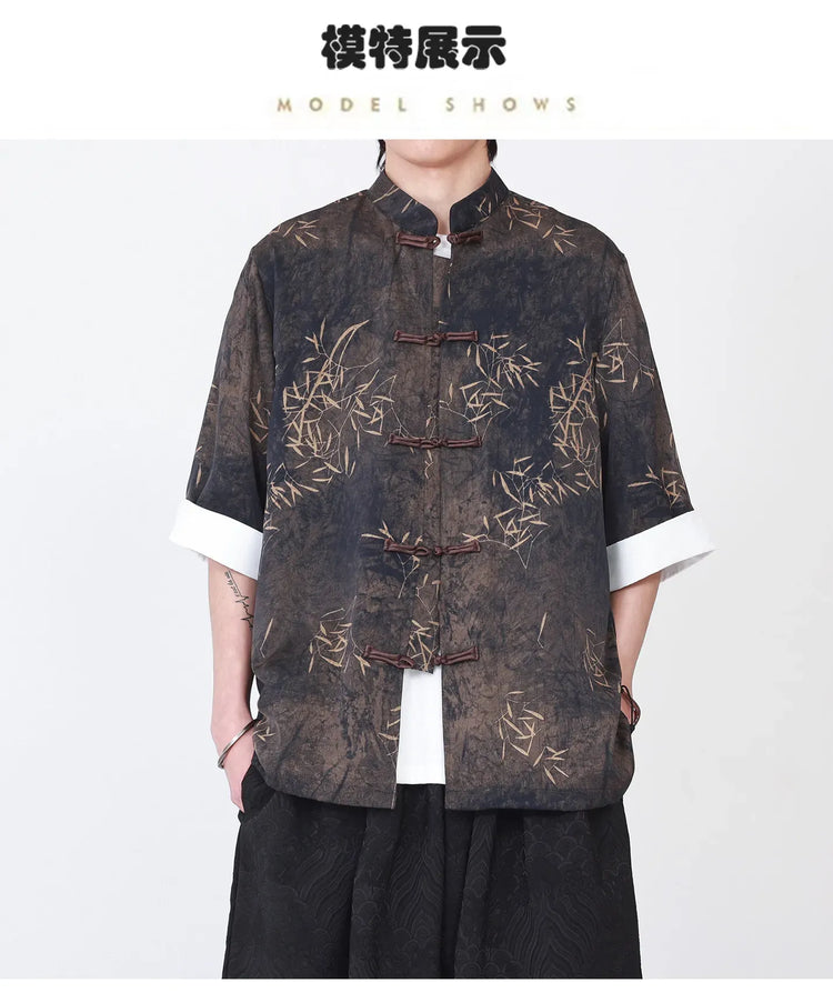 Camicie da uomo estive di lusso in jacquard con foglie di bambù, camicia a maniche corte da uomo in stile cinese tradizionale, camicia casual da uomo per Kung Fu e Tai Chi