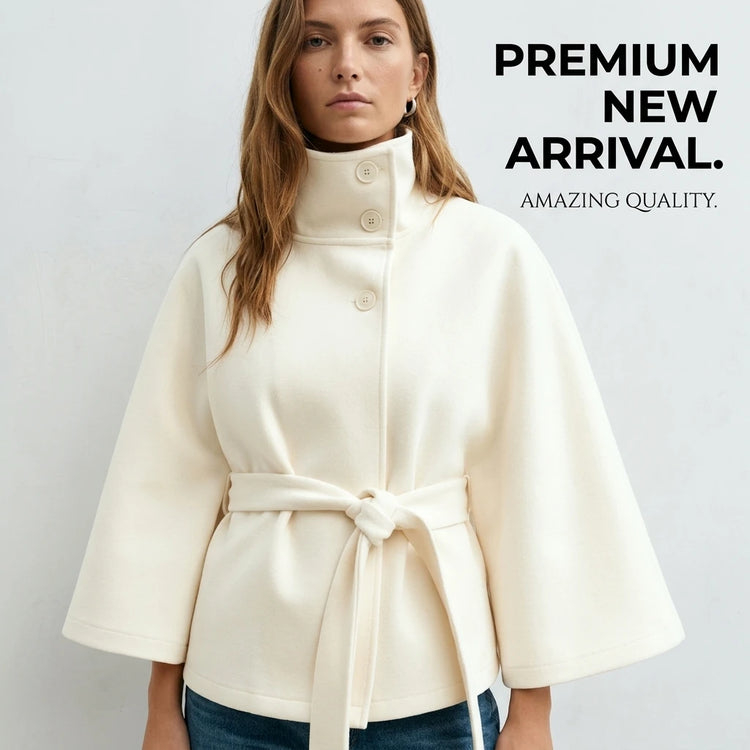 Women's Cape Coat Elegant Stand Collar Belted Solid Color Button Down Autumn Winter Jacket