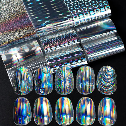 10pcs Holographic Chrome Silver Nail Art Foil Transfer Stickers Irridescent Rainbow Geometric Aurora Laser Nail Foils Decoration