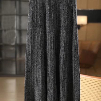 Women's Wool Skirts A-Line Pleated Cashmere Skirt Autumn Winter Elastic Waist 100% Merino Wool Knitted Bright Silk Style Dress PlatiNum