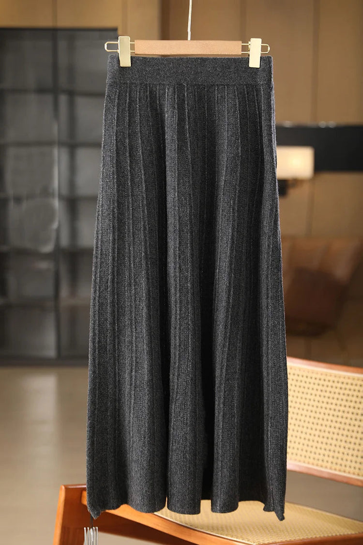 Women's Wool Skirts A-Line Pleated Cashmere Skirt Autumn Winter Elastic Waist 100% Merino Wool Knitted Bright Silk Style Dress PlatiNum
