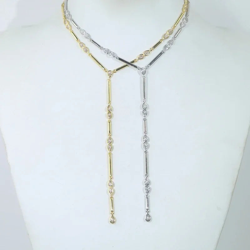 Nuovo speciale color oro Goccia d'acqua Bling Ovale CZ Collana girocollo Lariat Lunga barra a goccia a forma di Y Lunga nappa Gioielli da donna 2025