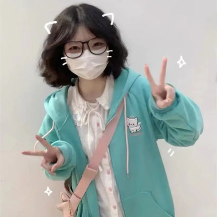 Zipper Hoodie Gothic Cartoon Kawaii Cat Ear Y2k Jacket Zip Up Thin Coat Spring Autumn Cute Core 2000s Clothes Fall Sweatshirts