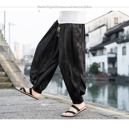 Vendite calde Pantaloni Da Uomo 2024 Nuovo Drago di Seta del Ghiaccio Fiore Scuro Bloomers Moda Allentata Gamba Larga Casual di Alta Qualità Pantaloni Maschili di Marca