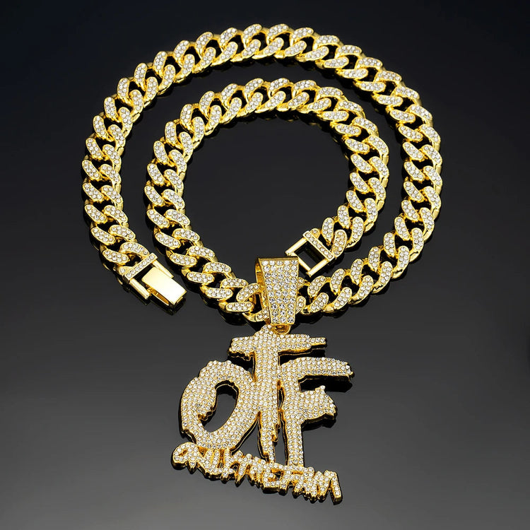 Hip Hop Fashion English Letter OTF Pendant Cuban Chain Necklace,  Suitable For Daily Wear By Men And Women , Rock Party Jewelry PlatiNum