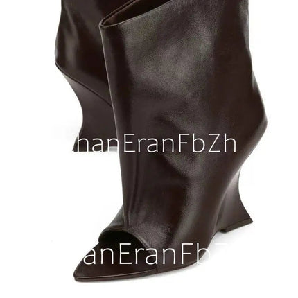 2025Ladies' Spring and Summer New Fish Mouth Slope High Heel Knee Boots, Fashionable Pointed Fashion Show Medium Cool Boots PlatiNum