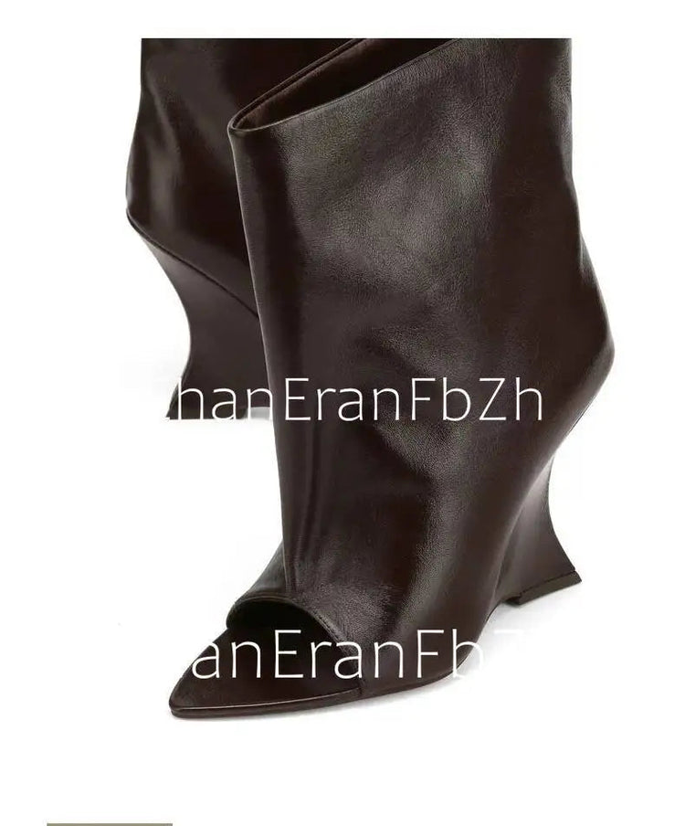 2025Ladies' Spring and Summer New Fish Mouth Slope High Heel Knee Boots, Fashionable Pointed Fashion Show Medium Cool Boots PlatiNum