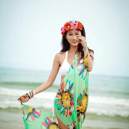 Copricostumi stampati Abito da spiaggia sexy Donna Halter Sling Chiffon Asciugamano da spiaggia Bikini Wrap Pareo Gonne Costumi da bagno aperti sul retro platinumshop