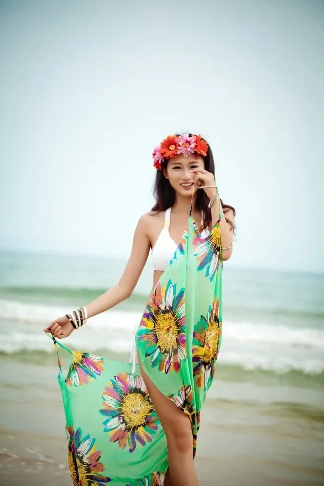 Copricostumi stampati Abito da spiaggia sexy Donna Halter Sling Chiffon Asciugamano da spiaggia Bikini Wrap Pareo Gonne Costumi da bagno aperti sul retro platinumshop