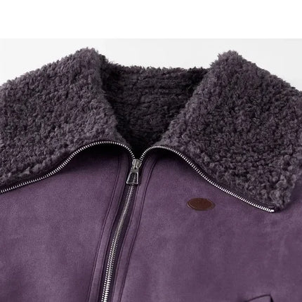 SENTUBILA Women's Faux Suede Coat Plush Lapel Zipper Faux Leather Cropped Jacket 2026 Winter Retro Ladies Outerwear W54PD5913