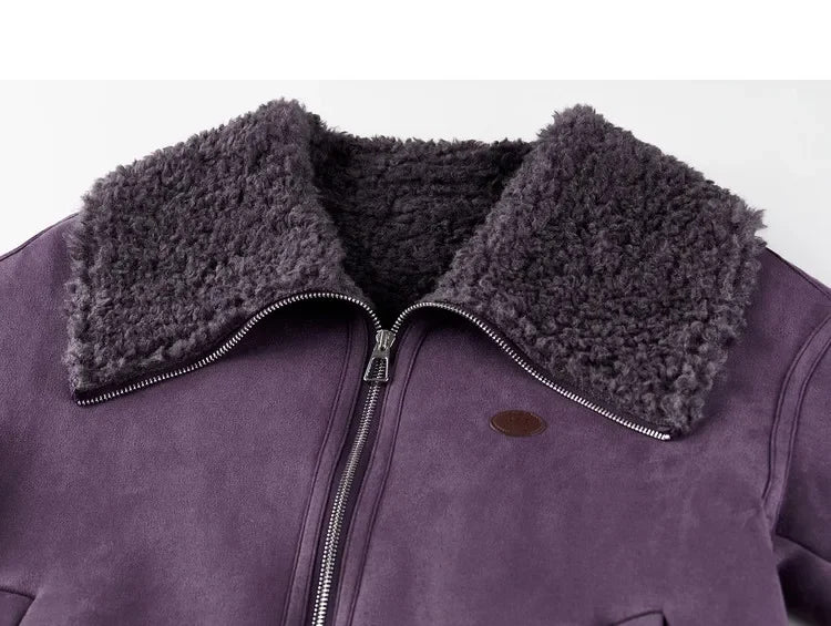 SENTUBILA Women's Faux Suede Coat Plush Lapel Zipper Faux Leather Cropped Jacket 2026 Winter Retro Ladies Outerwear W54PD5913