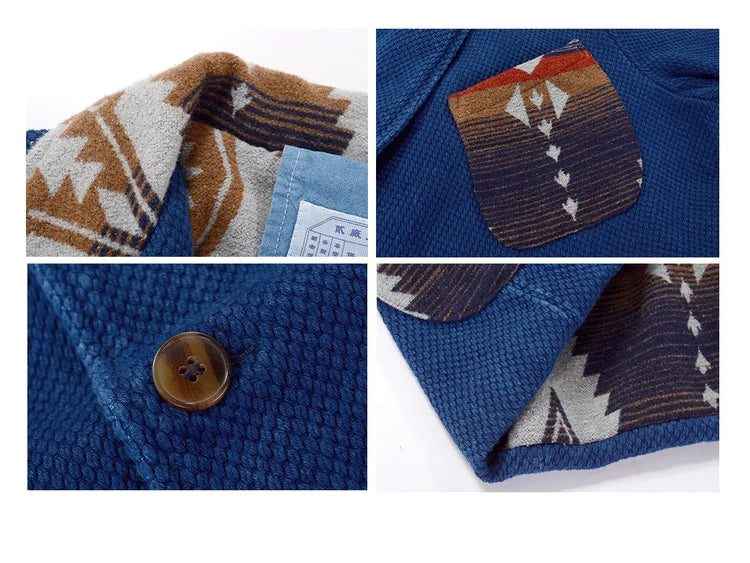 Men's Indigo Multi Pockets Jacket French Retro Blue Dye Lapel Thick Workwear Tooling Cardigan Coat plus Size for Autumn Winter