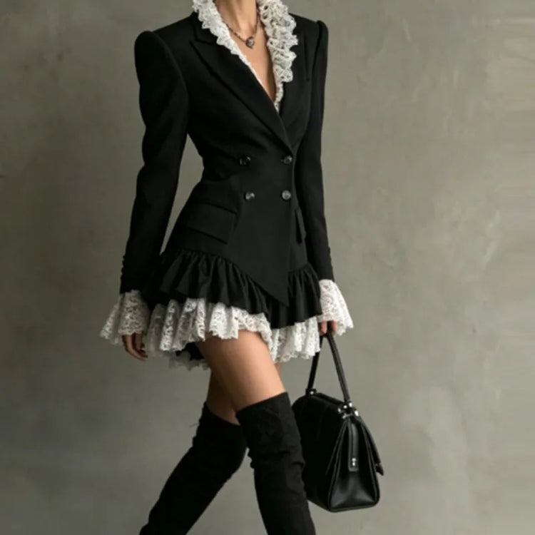 Chic Patchwork Lace Blazer Dress Women Autumn Winter Commute Lapel Long Sleeve Slim Fit Mini Dresses Double Breasted Suit Dress