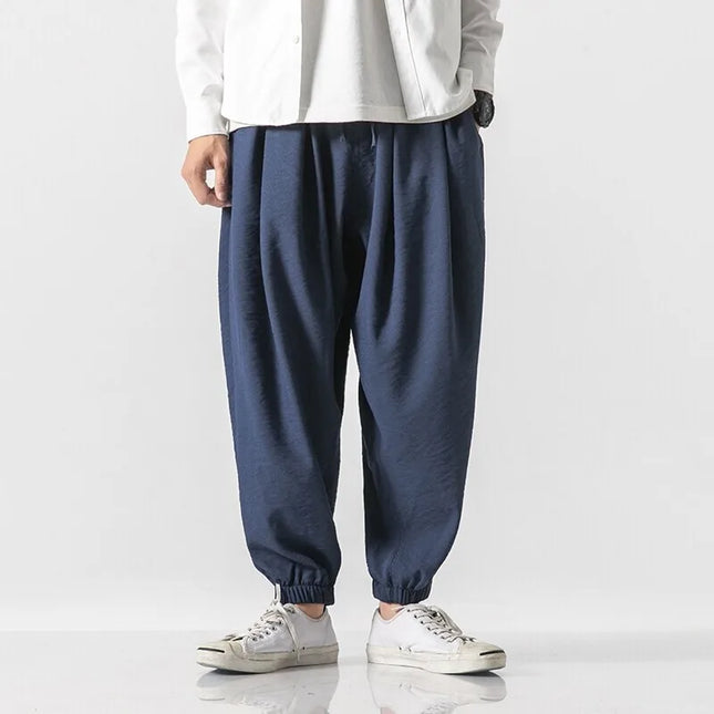 Pantaloni Harem in cotone e lino Pantaloni estivi larghi in tinta unita stile giapponese Pantaloni leggeri comodi e traspiranti casual da uomo