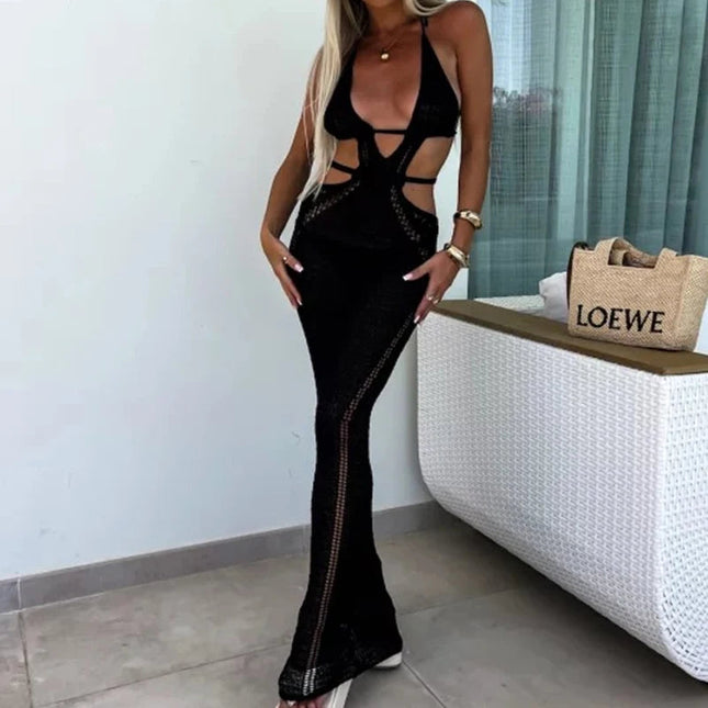 Abito da annodare senza schienale scollato stile sexy Abito da donna per le vacanze al mare Copricostume lavorato a maglia Abito lungo con protezione solare per il bagno del sole platinumshop