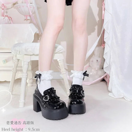 Sweet Heart-Shaped Buckle Lolita High Heels Pump Shoes for Women Y2k PU Leather Waterproof Platform Mary Janes Shoes PlatiNum