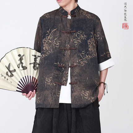 Camicie da uomo estive di lusso in jacquard con foglie di bambù, camicia a maniche corte da uomo in stile cinese tradizionale, camicia casual da uomo per Kung Fu e Tai Chi