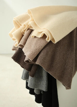 Chic New Women 100% Merino Wool Knitted A Line Skirt Solid Color Autumn Winter High Waist Preppy Style Soft Wool Midi Skirt PlatiNum