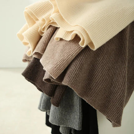 Chic New Women 100% Merino Wool Knitted A Line Skirt Solid Color Autumn Winter High Waist Preppy Style Soft Wool Midi Skirt PlatiNum