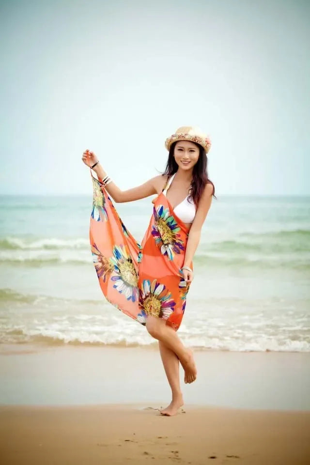 Copricostumi stampati Abito da spiaggia sexy Donna Halter Sling Chiffon Asciugamano da spiaggia Bikini Wrap Pareo Gonne Costumi da bagno aperti sul retro platinumshop