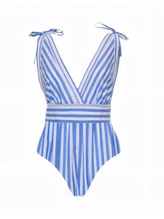2025 Flaxmaker Nuove donne Costumi da bagno Bowknot A righe Costume intero con scollo a V Costume da