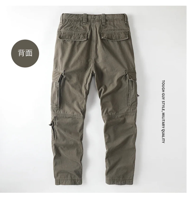 American Style Men's Heavyweight Cotton Cargo Pants Multi-Pocket Casual Loose Straight-Leg Work Trousers Outdoor Jogger Pants
