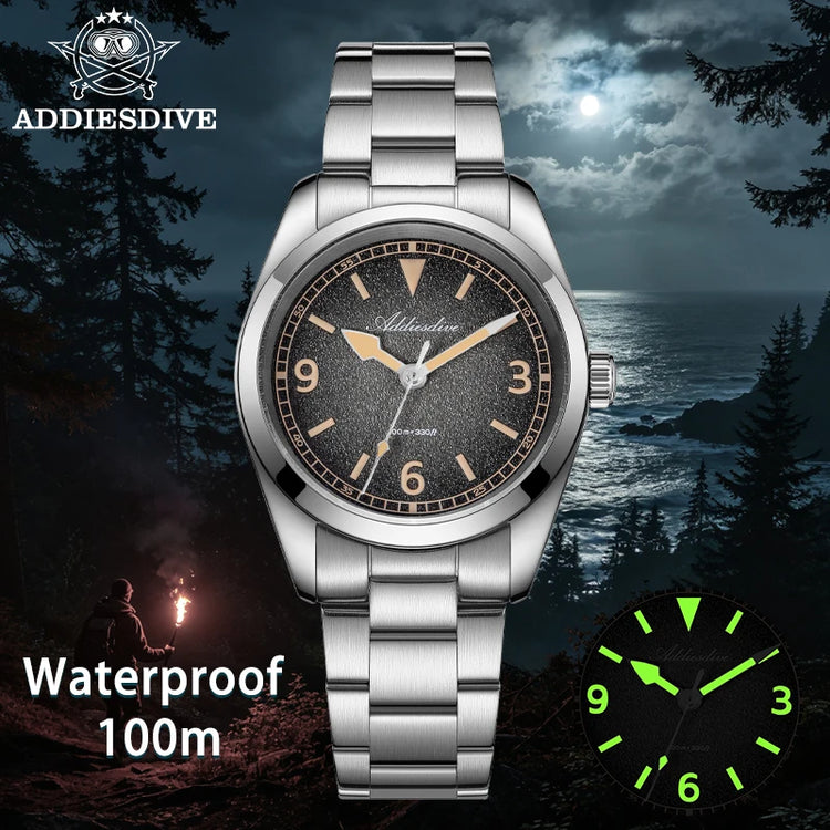 ADDIESDIVE New 36Mm Men's Quartz Watch Retro Dial Sapphire Glass 100M Waterproof Stainless Steel Night Light Retro Quartz Watch