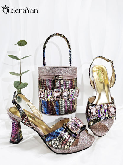 Queena Yan Nigerian-Inspired Rhinestone High Heels With Colourful Bucket Bag Fashionable Womens Footwear And Accessories Set