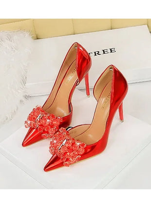 BIGTREE Scarpe con fiocco in strass Décolleté da donna Scarpe da banchetto di lusso Tacchi alti sexy Scarpe da festa con tacco a spillo da donna di grandi dimensioni 41 42 43