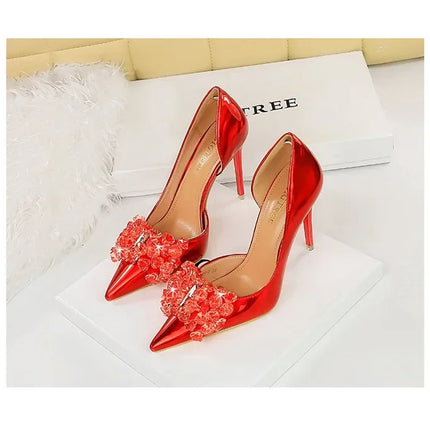 BIGTREE Scarpe con fiocco in strass Décolleté da donna Scarpe da banchetto di lusso Tacchi alti sexy Scarpe da festa con tacco a spillo da donna di grandi dimensioni 41 42 43