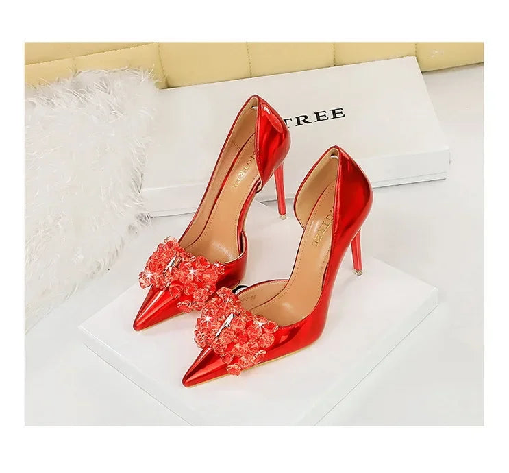 BIGTREE Scarpe con fiocco in strass Décolleté da donna Scarpe da banchetto di lusso Tacchi alti sexy Scarpe da festa con tacco a spillo da donna di grandi dimensioni 41 42 43